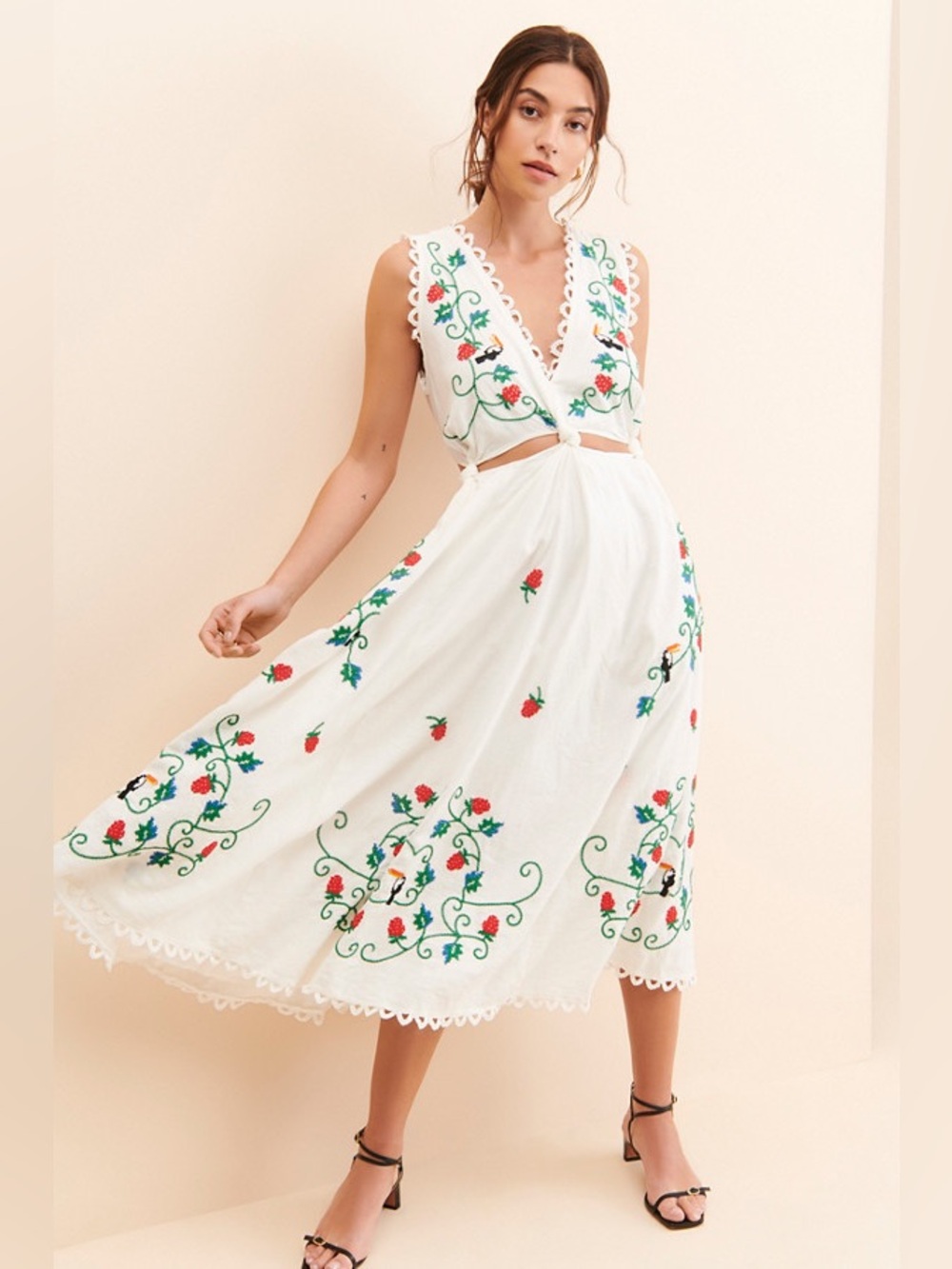 FARM Rio White Cross Stitch Strawberry Toucan Embroidered Dress